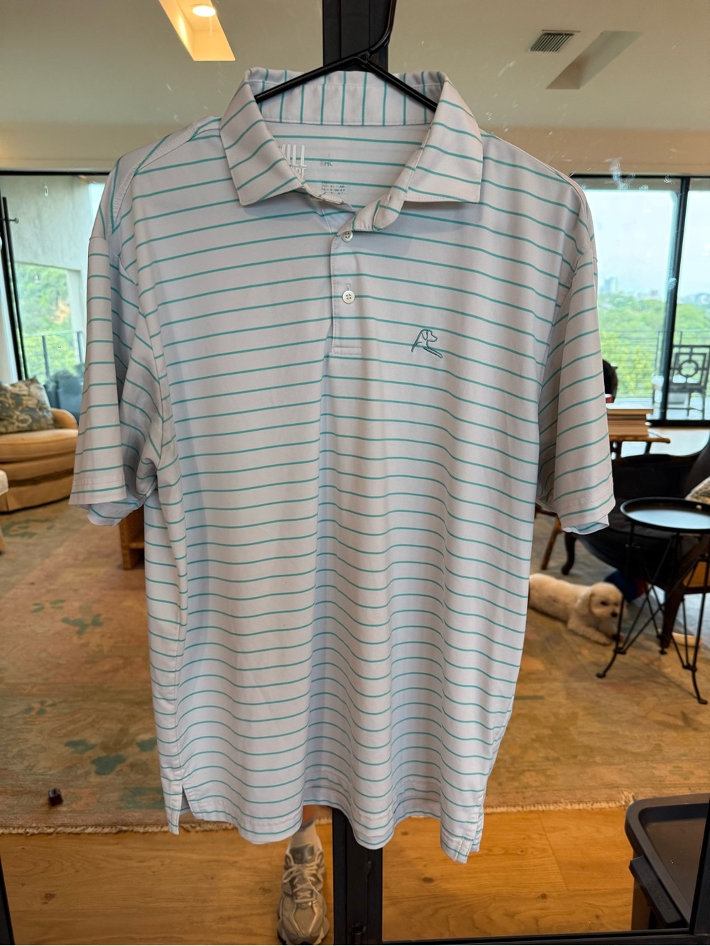 Rhoback White Polo with Light Turquoise Stripes